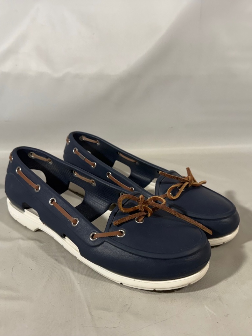 Crocs Beach Nautical Line Boat Navy White Slip On Loafer Leather Laces Sz 9